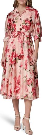 DKNY Floral Print Tie Waist Midi Shirtdress in Geranium Multi at Nordstrom, Size 12