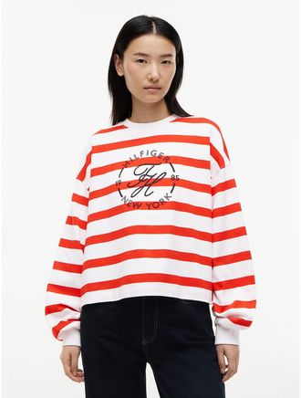 Tommy Hilfiger Womens Long-Sleeve Nautical Monogram T-Shirt - Red - XL