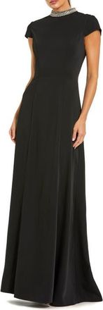 Mac Duggal Cap Sleeve Gown With Embellished Neckline in Black at Nordstrom, Size 12