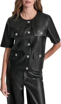 DKNY Short Sleeve Faux Leather Jacket in Black/Shiny Silver at Nordstrom Rack, Size X-Large
