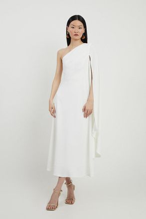 Karen Millen Womens Satin Back Crepe One Shoulder Drape Sleeve Maxi Dress - White Viscose - Size 10 UK