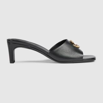 Gucci Womens Slide Sandal With Double G, Black, Leather
