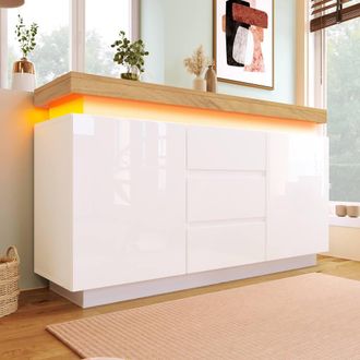 Merax White High Gloss Sideboard Cabinet With LED Top Panel & Drawers