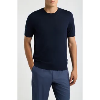 BOSS Virgin Wool Short Sleeve Sweater in Dark Blue at Nordstrom, Size Xx-Large