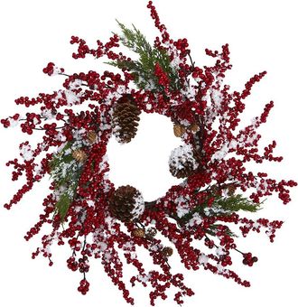 Nearly Natural 24In Frosted Cypress Artificial Wreath With Berries
