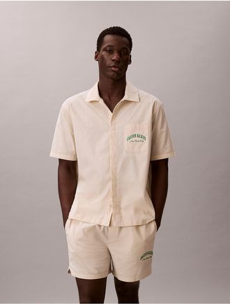 Calvin Klein Mens Cotton Poplin Graphic Heritage Crest Sleep Shirt - Yellow - XL