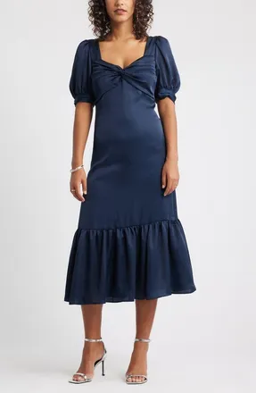 Chelsea28 Twist Front Puff Sleeve Satin Midi Dress in Navy Still at Nordstrom, Size Xx-Large
