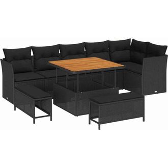 vidaXL Conjunto De Sof&aacute; De Jard&iacute;n Con Coj&iacute;n 9 Pcs Negro
