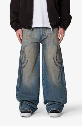 mnml Embroidered Ultra Wide Leg Jeans in Medium Blue at Nordstrom Rack, Size 42R