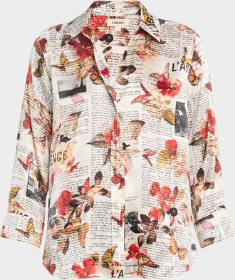 L'agence Dani Butterfly Rose Newspaper Silk Blouse