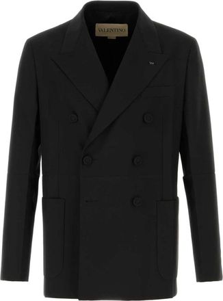 Valentino Garavani Double-Breasted Wollen Jas Met Persplooi - Heren - Business blazers - Zwart - L - Wol - Kostuums