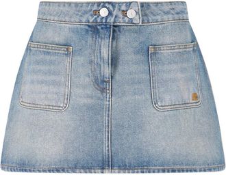 Courr&egrave;ges Blue Low-Rise Embroidered Mini Denim Skirt