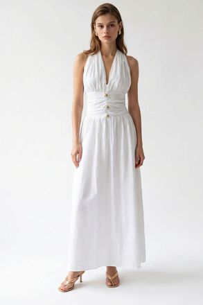 Mixray Dames Katoenen Poplin Halter Maxi Jurk
