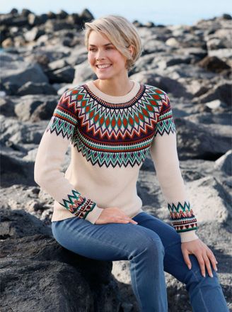 Casual Looks Norwegerpullover CASUAL LOOKS Pullover, Damen, Gr. 52, bunt (sand, rostrot, gemustert), 72% Baumwolle, 28% Polyacryl, gemustert, mehrfarbig, Pullover 