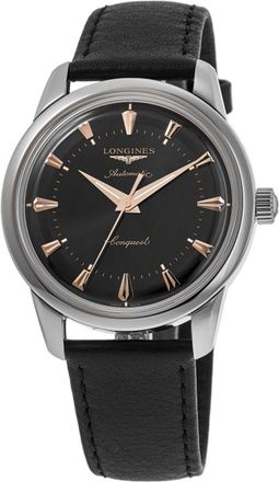 Longines Conquest Heritage Automatic Black Dial Leather Strap Mens Watch L1.650.4.52.2