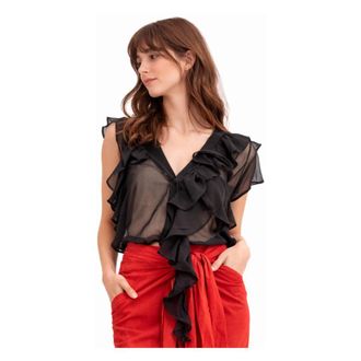 Erika Cavallini Semi Couture Blouses, female, Black, Size: L Viscose Gauze Cardigan with Rouches