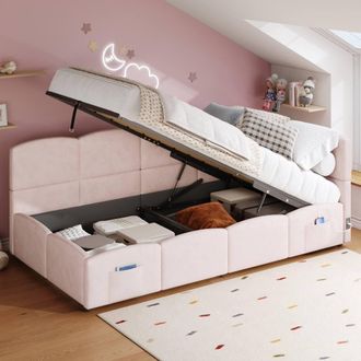 Matteo Pink Velvet Upholstered Sofa Bed with USB & Storage - Single Daybed