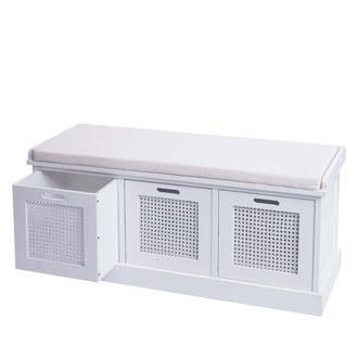 Hhg Hhg - Banco 904, Banco Tapizado Banco Armario, Cojines Cajas De Almacenaje Compartimento De Almacenaje 47x110x40cm, Blanco, Tapizado Crema-blanco