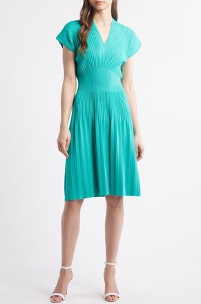 Ming Wang x Tanya Foster Pleated Rib Fit & Flare Dress in Emerald Awe at Nordstrom, Size Medium