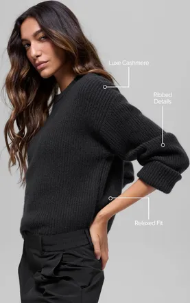 Alo | Wool Cashmere Ribbed Noble Crewneck Sweater Top in Black, Size: Medium