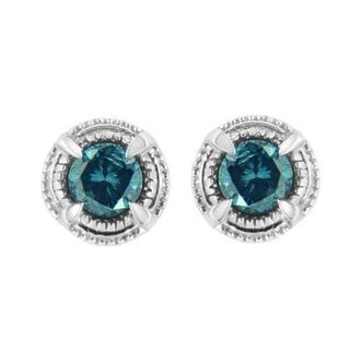 House of Brilliance Silver 1 1/2 Ct Blue Diamond Solitaire Milgrain Stud Earrings at Nordstrom