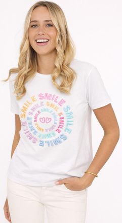 Zwillingsherz T-Shirt ZWILLINGSHERZ Smile, Damen, Gr. L, wei&szlig;, Obermaterial: 95% Baumwolle, 5% Elasthan, Shirts T-Shirt, Farbenfrohe runde Stickerei, Rundhals, kurz
