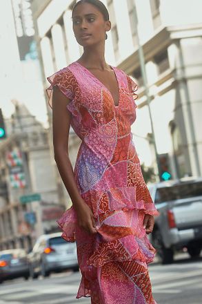 Rixo Meena Petite V-Neck Ruffle Silk Midi Dress