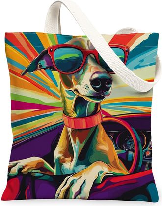 Generic Greyhound Dog Canvas Tote Bag for Shopping 13x15, Pop Aesthetic Funky Puppy Reusable Grocery Print Pattern Bag for Women, Cool Pet Beach Aesthetic Pai