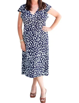 London Times Ruffle Midi Dress In Navy/soft White