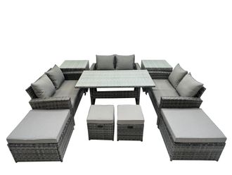 Fimous 10 Seater Outdoor Table Double Seat Sofa 2 Side Tables 4 Stools Set in Dark Grey