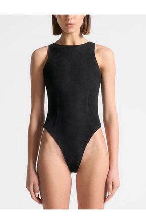Mani&egrave;re De Voir Adele Suede Racer Neck Bodysuit in Black at Nordstrom, Size 10