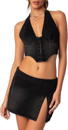 Edikted Katrina Lace-Up Denim Corset Halter Top in Black-Washed at Nordstrom, Size Small
