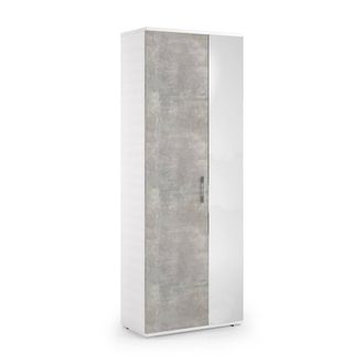 Dmora Zapatero Tarassaco, Mueble Recibidor Multiusos Con Puerta De Espejo, Zapatero Moderno Con 6 Baldas, 100% Made In Italy, Cm 72x37h195, Blanco Y Cemento