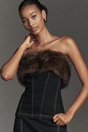 Pilcro Strapless Faux Fur Trim Denim Top