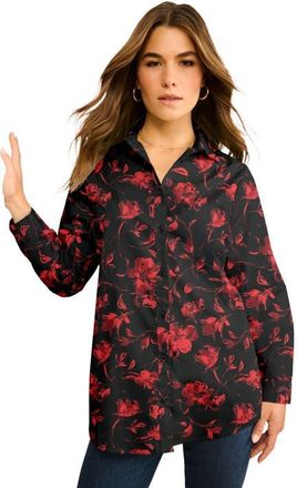 Roaman's Plus Size Kate Long Sleeve Easy Cotton-Blend Button-Front Shirt in Red Sketch Blossoms at Nordstrom, Size 30