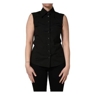 Dolce & Gabbana Mouwloze Blouse met Kraag - Dames - Overhemden - Zwart - S - Katoen - Overhemden