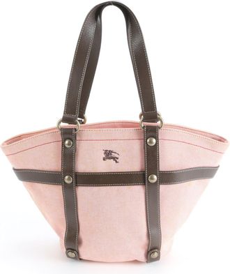 Burberry Brown Red Color Leather Canvas Handbag Tote Bag (Pre-Owned)