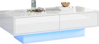 STILVORA Mesa De Centro Con 2 Cajones Y Led, Blanco Brillo, Estilo Moderno, En Tablero De Part&iacute;culas, Blanco