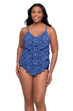 Trimshaper Rachel 5 Tier Ruffle Tankini Swimsuit Top in Sumatran Scrolls at Nordstrom, Size 14