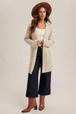 Hem & Thread Houndstooth Light Weight Coatigan In Beige