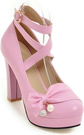 Generic Womens Bow & Pearl Platform Heels Lolita Shoes Cross Ankle Strap Block Heel Party Pumps,Purple,6.5 UK