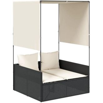 vidaXL Tumbona Doble Con Techo Y Cortinas Rat&aacute;n Sint&eacute;tico Negro Vidaxl