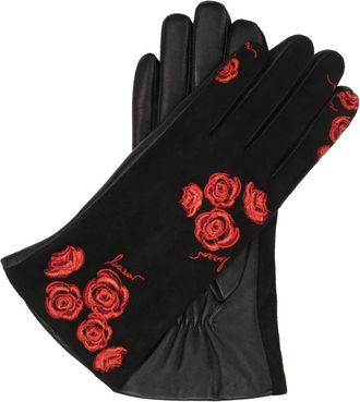 Kazar Elegante zwarte handschoenen met geborduurde rode bloemen - Dames - Handschoenen - Zwart - S - Leer - Accessoires