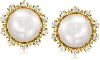 Ross-Simons 10.5-11mm Cultured Pearl and. White Topaz Earrings in 18kt Gold Over Sterling