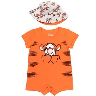 Disney Winnie the Pooh 2-Piece Romper and Bucket Hat Set in Tigger Coral Orange at Nordstrom, Size 0-3M