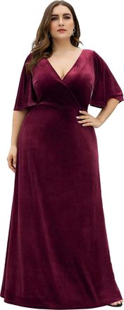 Ever-pretty Ever Pretty Womens Elegant Vintage Velvet Short Sleeves Floor Length Plus Size Prom Dresses Burgundy 28UK