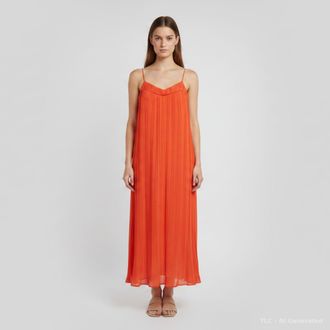 Maje Orange Crepe Plisse Rogelio Midi Dress
