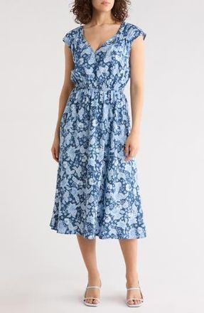 Lucky Brand Floral Cap Sleeve Midi Dress in Teal Floral at Nordstrom Rack, Size X-Large