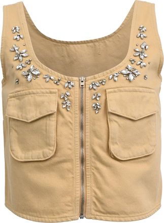 Self Portrait Crystal-Embellished Cargo Vest Top in Beige Cotton