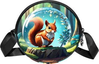 Generic Circle Crossbody Bag for Women, Squirrel Crystal Ball Small Sling Bag Daypack with Zipper Adjustable Shoulder Straps Casual Ladies Girls Round Purse